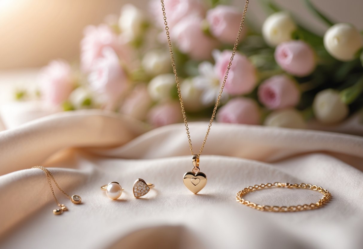 Close-up of classic jewelry including a gold necklace, pearl earrings, and a bracelet displayed on fabric with a bouquet of flowers in the background.