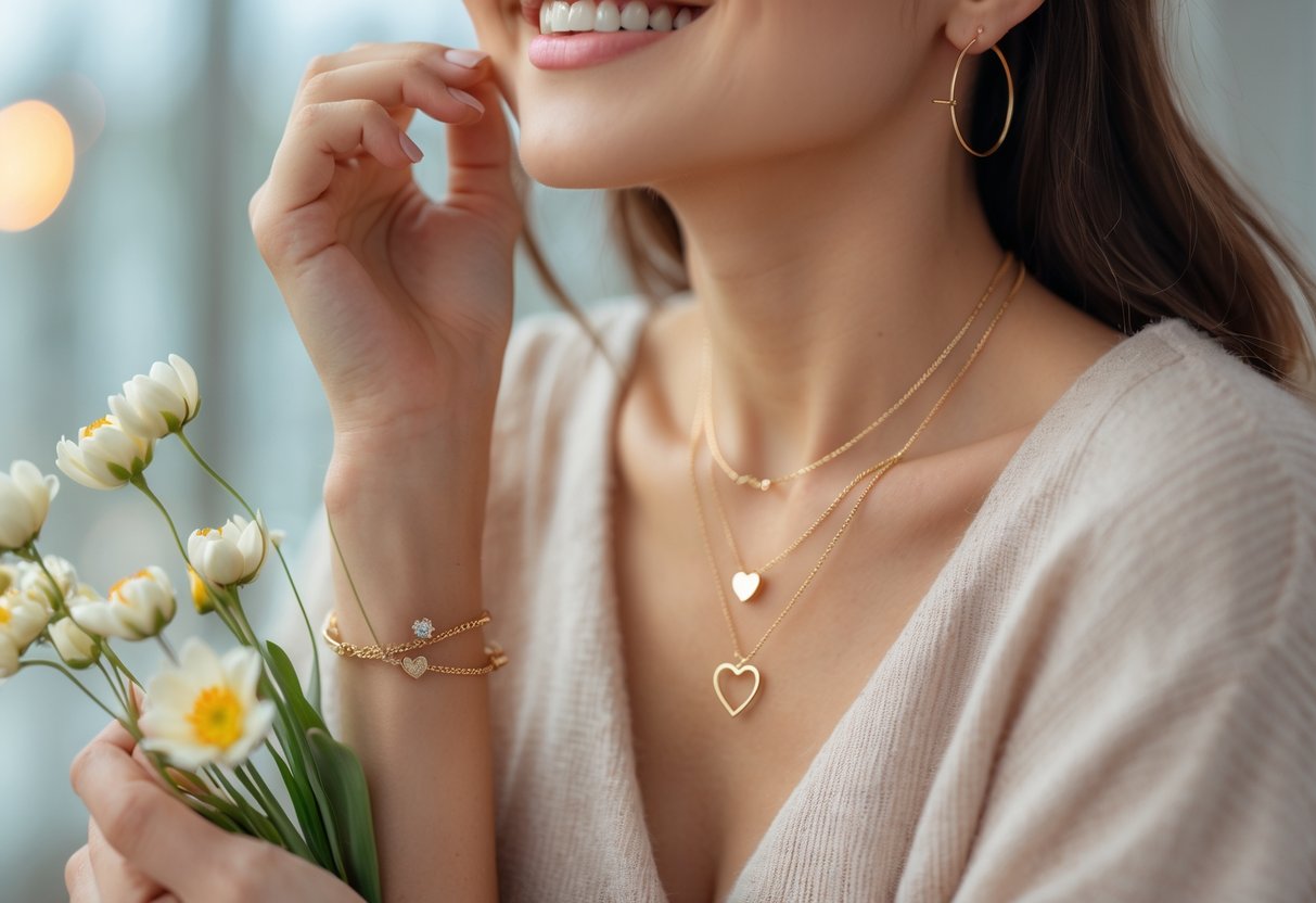 A young woman smiling and wearing gold jewelry while holding a bouquet of flowers.
