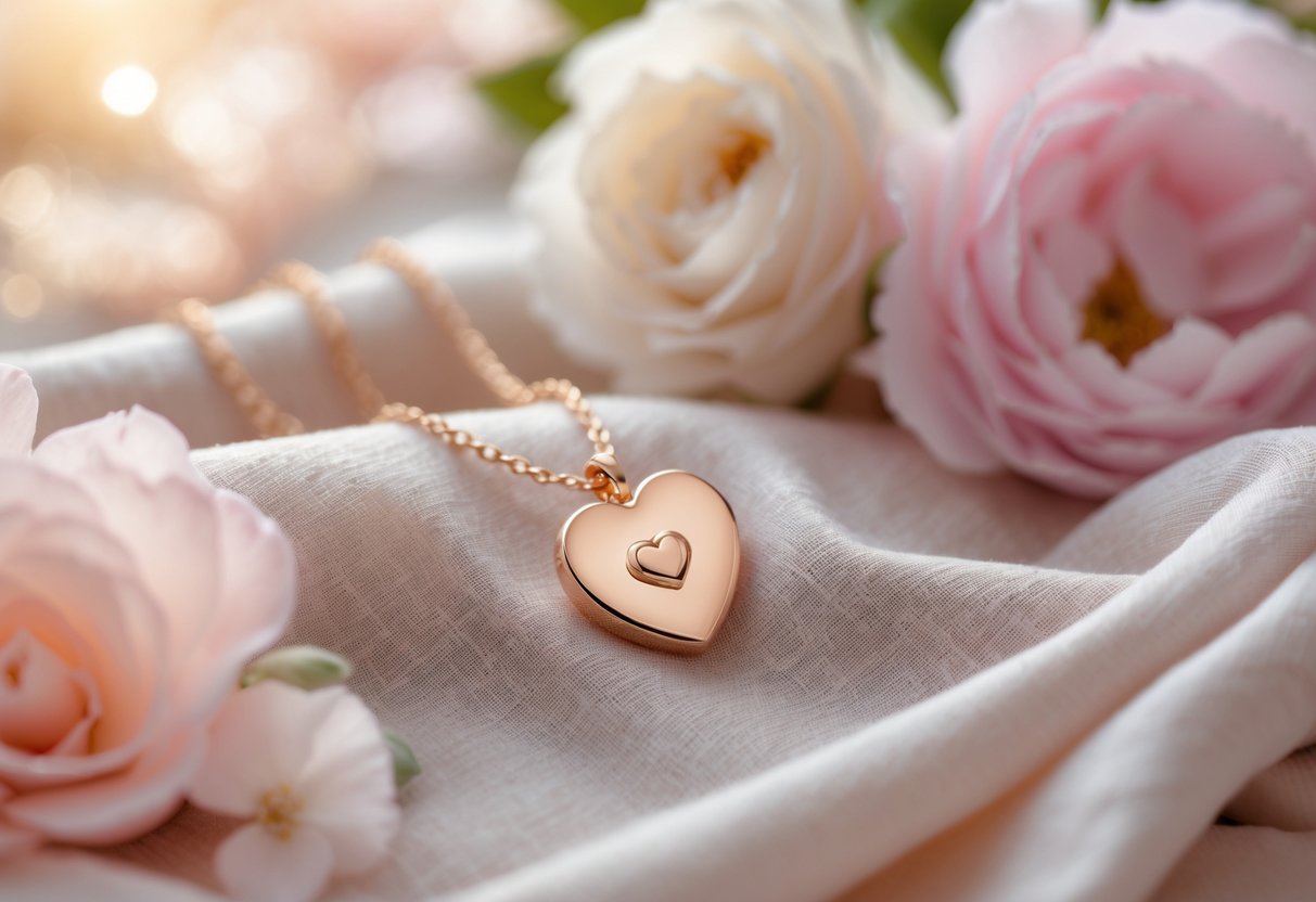 Close-up of a delicate keepsake jewelry piece on soft fabric surrounded by pink and white flowers.