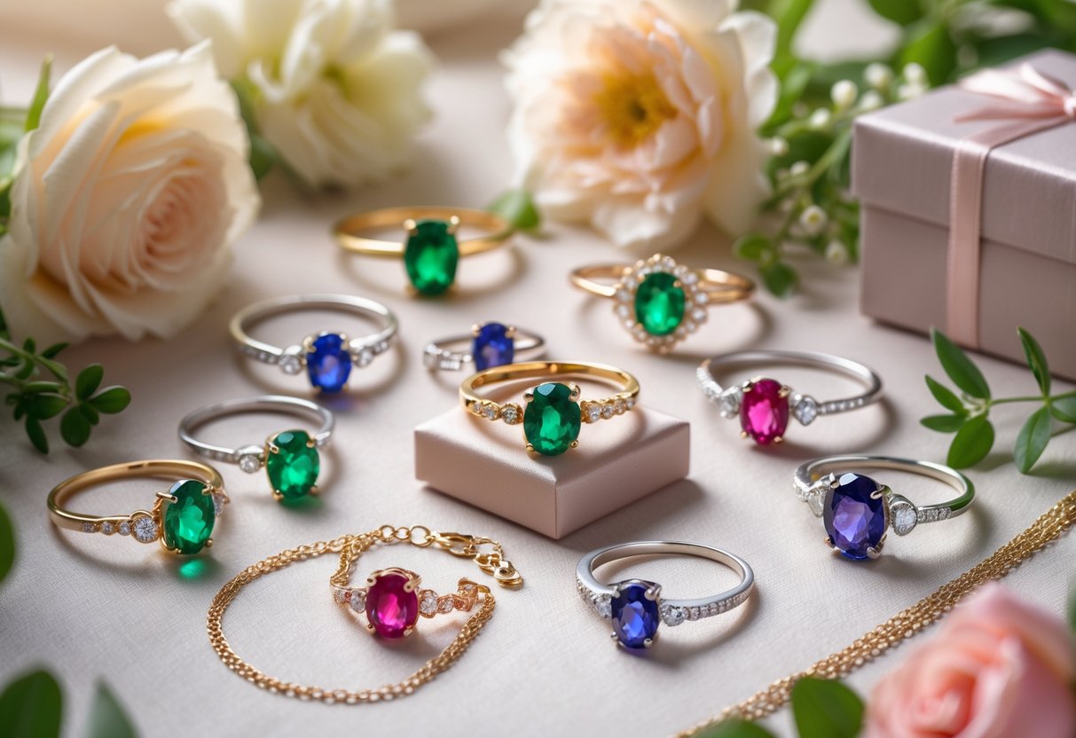 Close-up of gemstone and birthstone jewelry pieces including rings and necklaces displayed on soft fabric with flowers and a gift box.