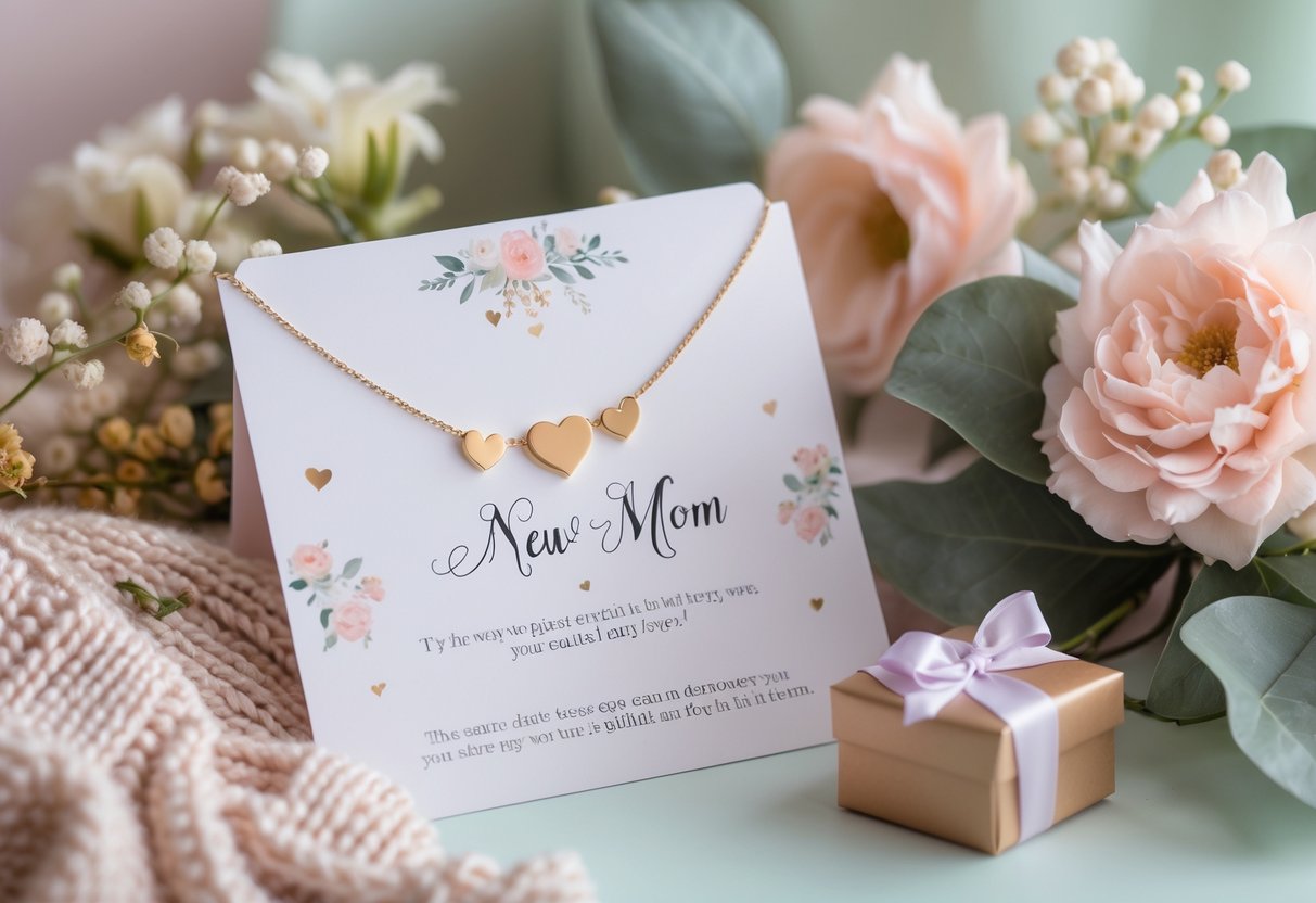 A jewelry set and a decorative card arranged with flowers and a cozy blanket, celebrating a new mother.