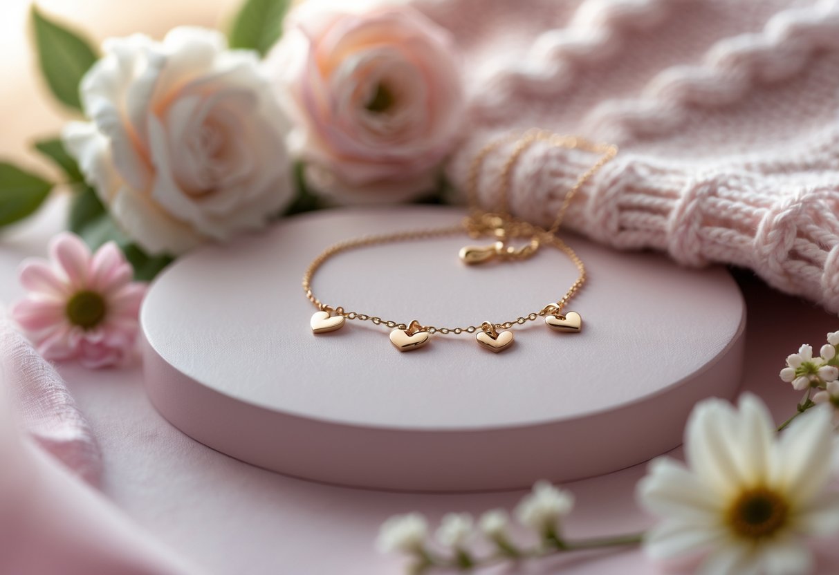 Close-up of delicate jewelry for new moms displayed with soft flowers and a baby blanket in a cozy nursery setting.