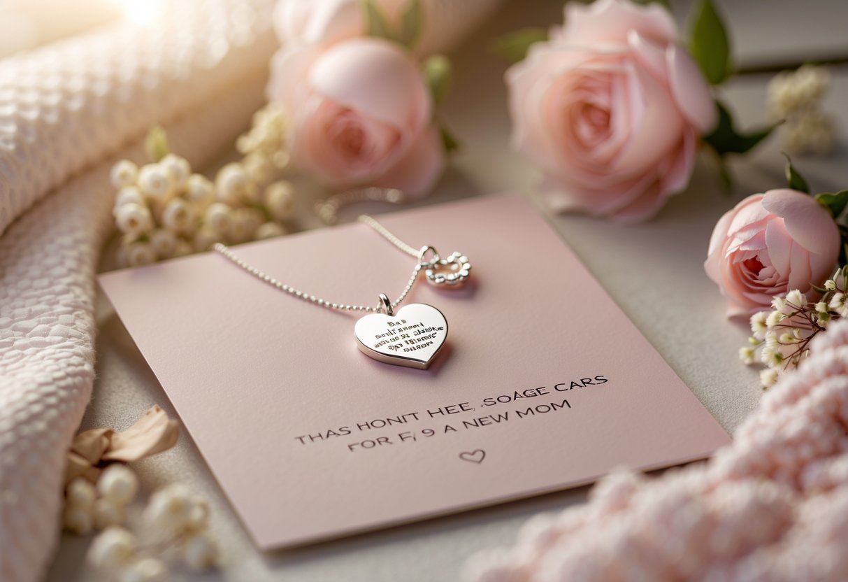 Close-up of a delicate message card jewelry piece for a new mom, displayed on a pastel card with soft flowers and a baby blanket in the background.