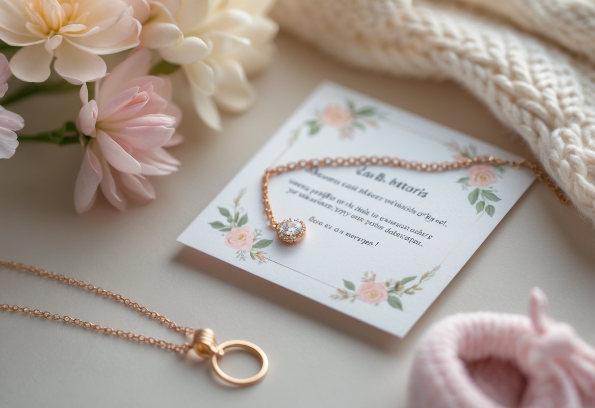 Close-up of a delicate jewelry piece next to a romantic message card with soft flowers and baby items in the background.