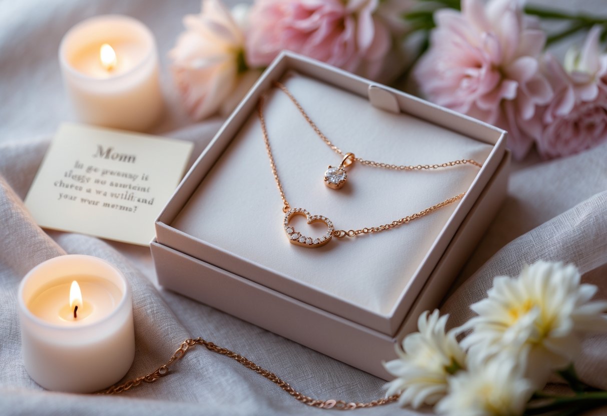 A necklace and bracelet displayed on soft fabric with flowers and a small message card, symbolizing a romantic gift for a new mother.