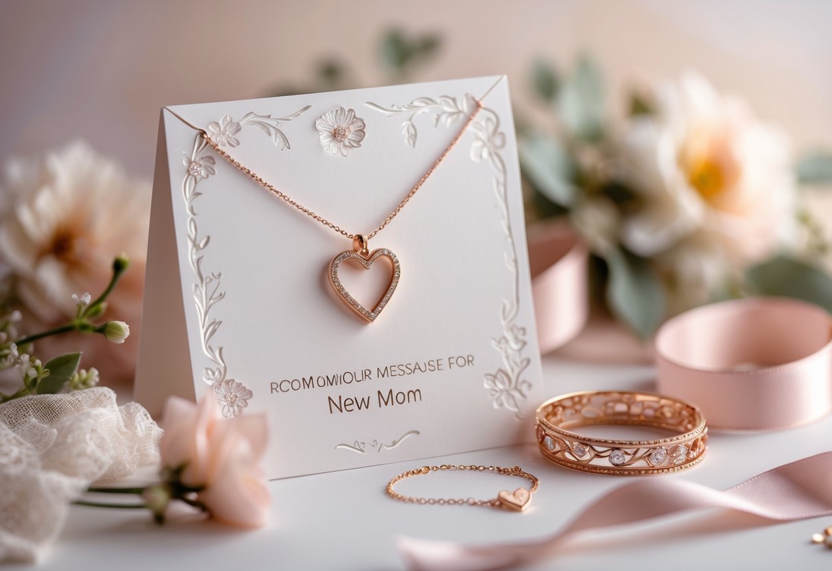 A romantic message card and elegant jewelry set arranged with soft pastel colors and floral accents.