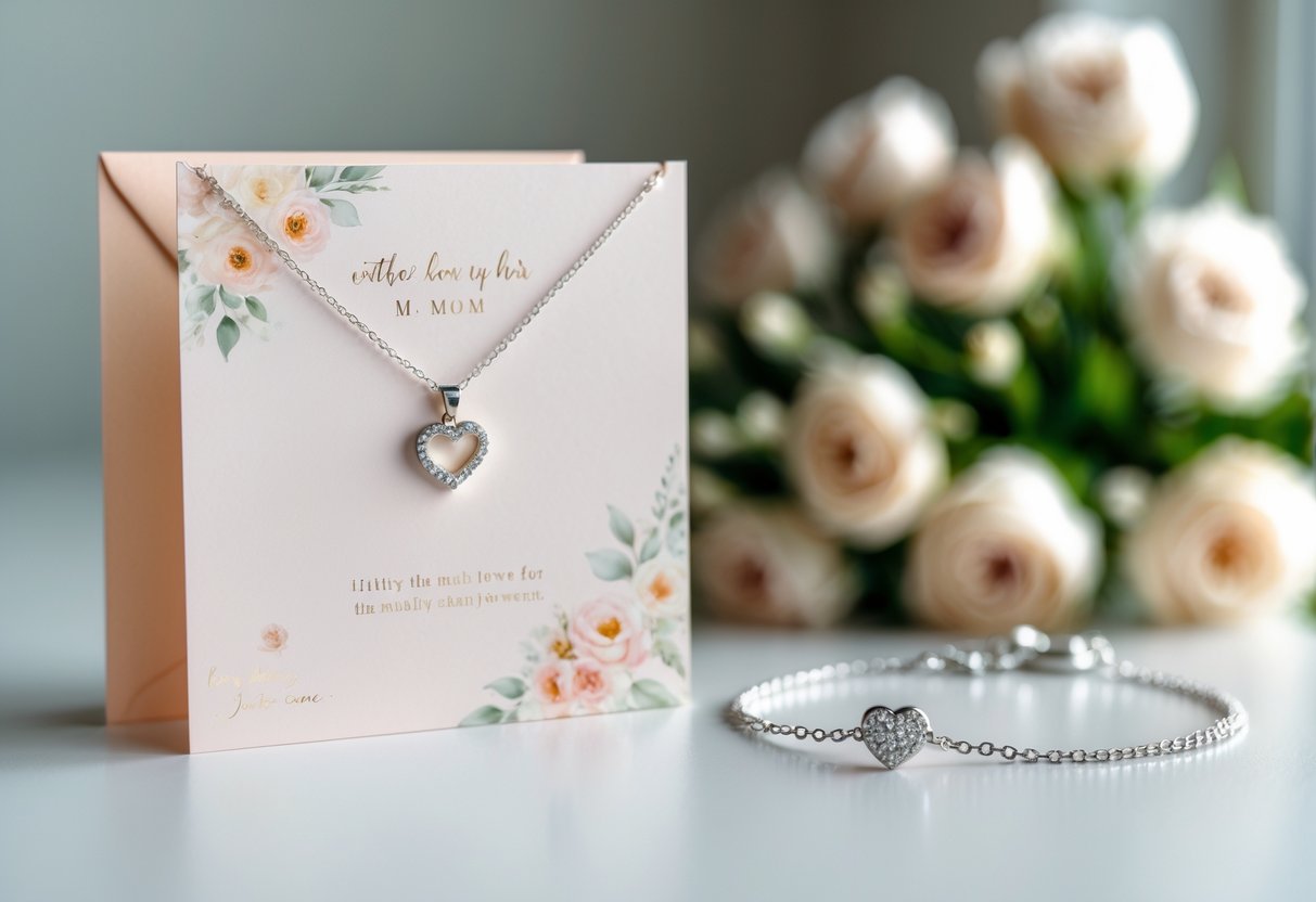 A romantic message card next to delicate silver jewelry on a white surface with a blurred bouquet of flowers in the background.