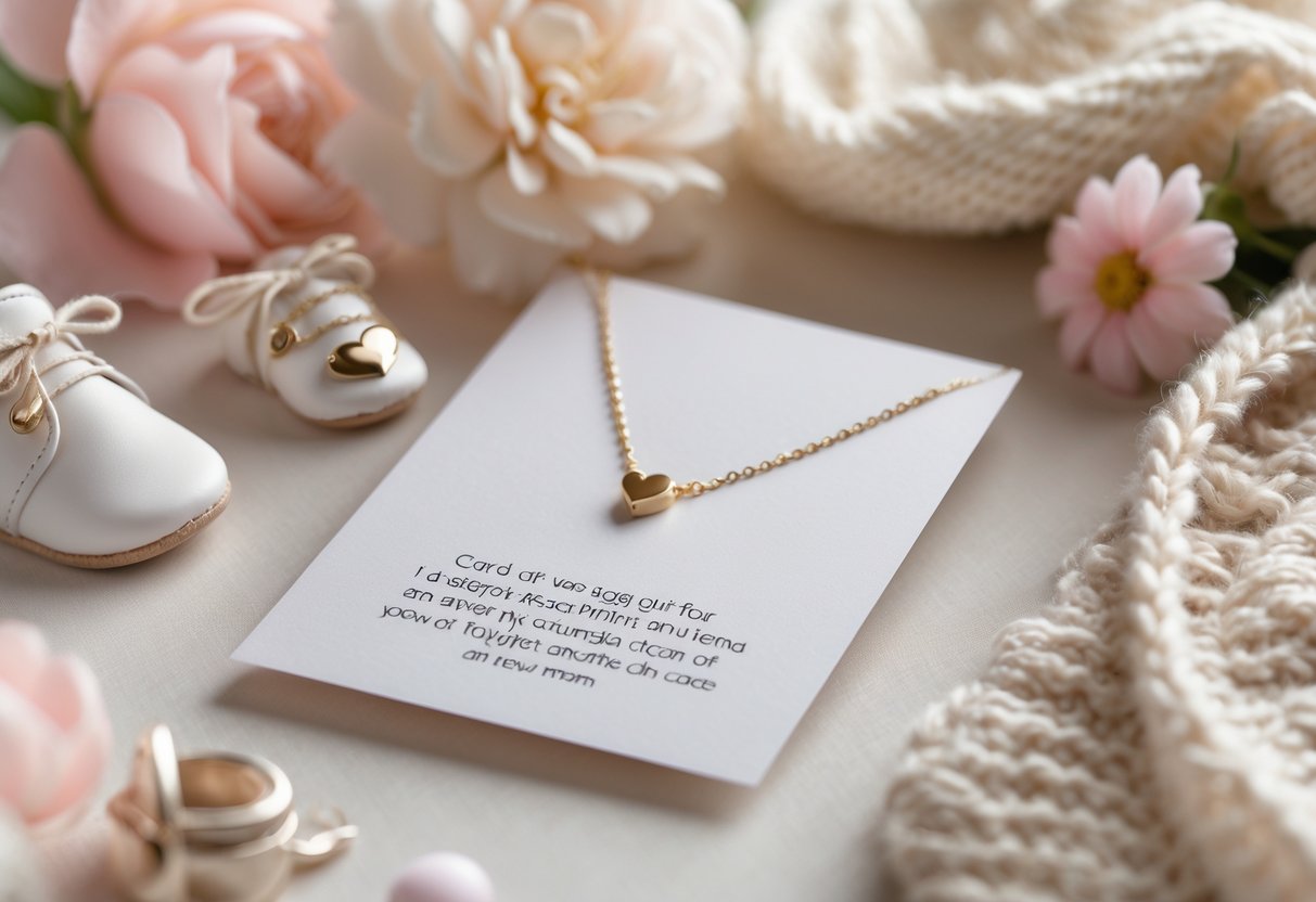 A necklace with a heart pendant next to a blank card surrounded by flowers and baby items on a soft surface.