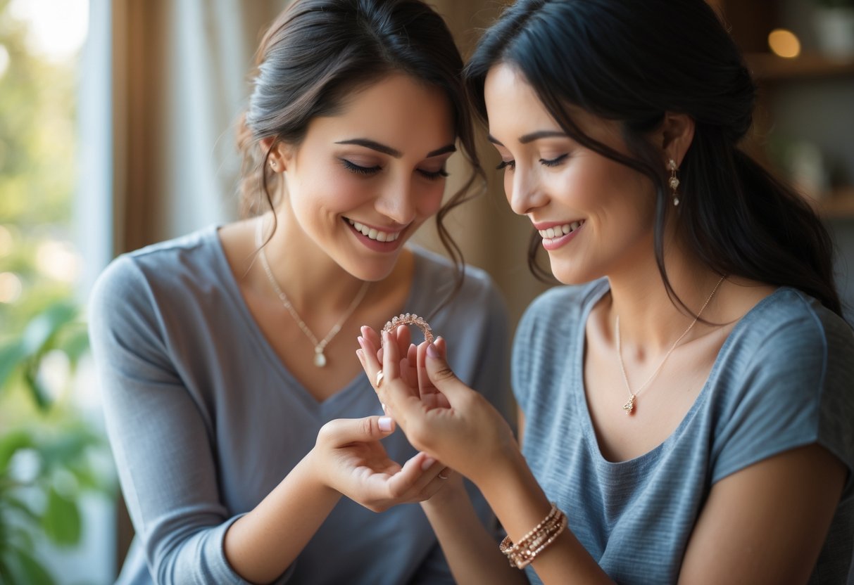 A woman giving a jewelry gift to another woman, both smiling warmly and sharing a happy moment together.