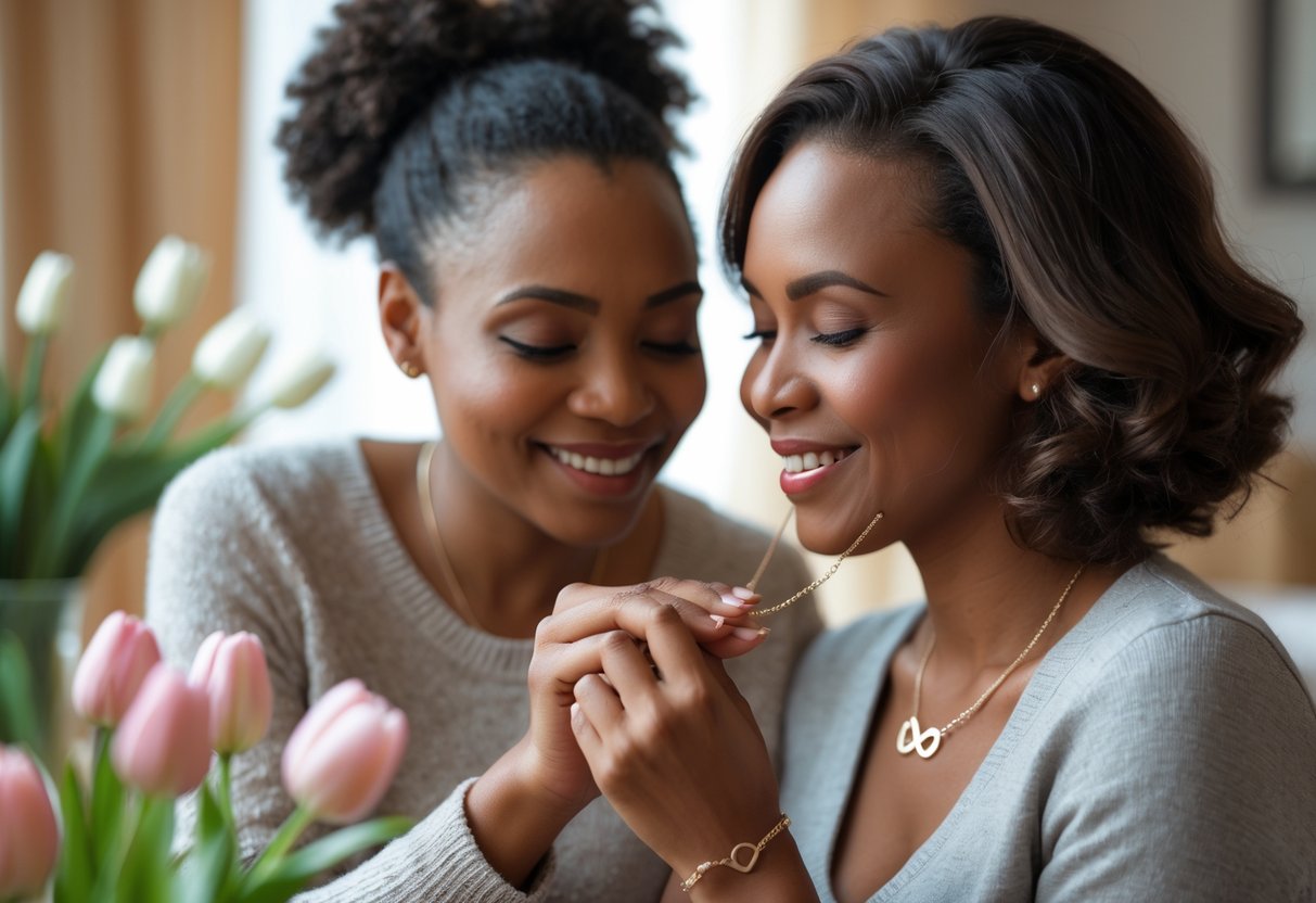 A daughter placing a delicate necklace on her smiling bonus mom in a warm, flower-adorned room.