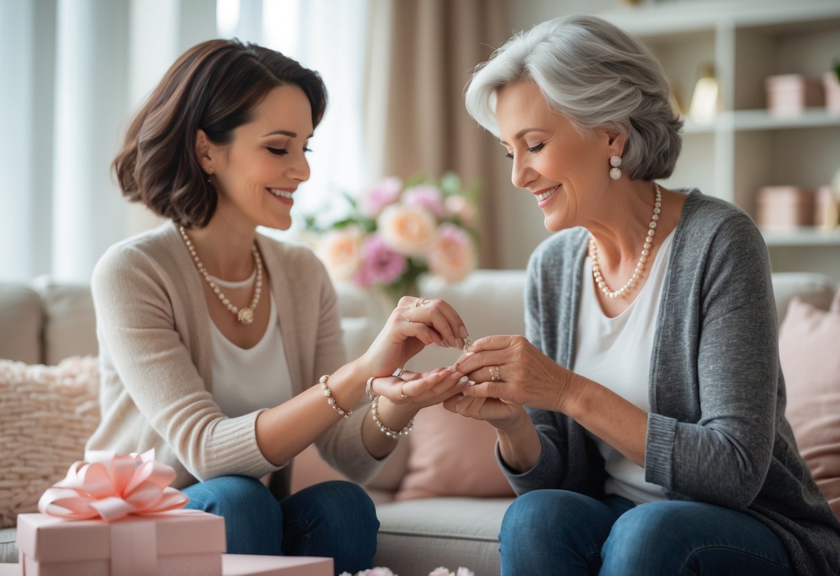 A woman giving a piece of jewelry to her bonus mom in a cozy living room, sharing a warm and loving moment together.