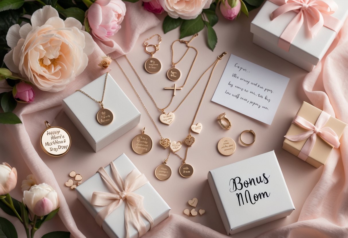 A collection of elegant jewelry pieces displayed with flowers and gift boxes, symbolizing a special gift for a bonus mom on Mother's Day.