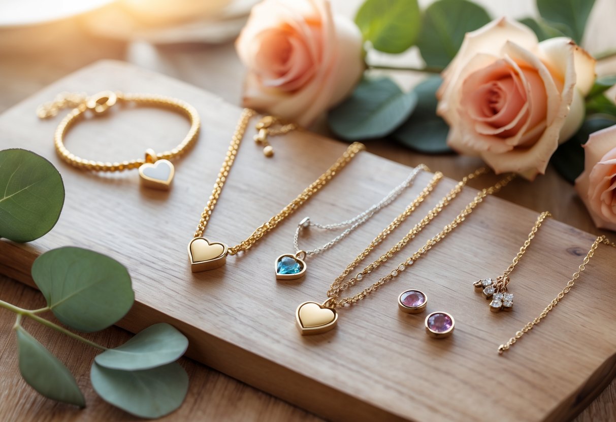 A close-up of various elegant Mother's Day jewelry pieces arranged with flowers on a wooden surface.