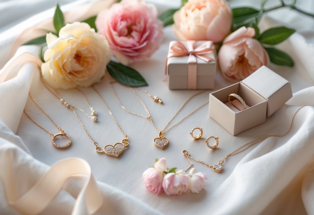 An assortment of elegant jewelry including a heart-shaped necklace, earrings, and bracelet displayed with flowers and a gift box on a soft fabric background.