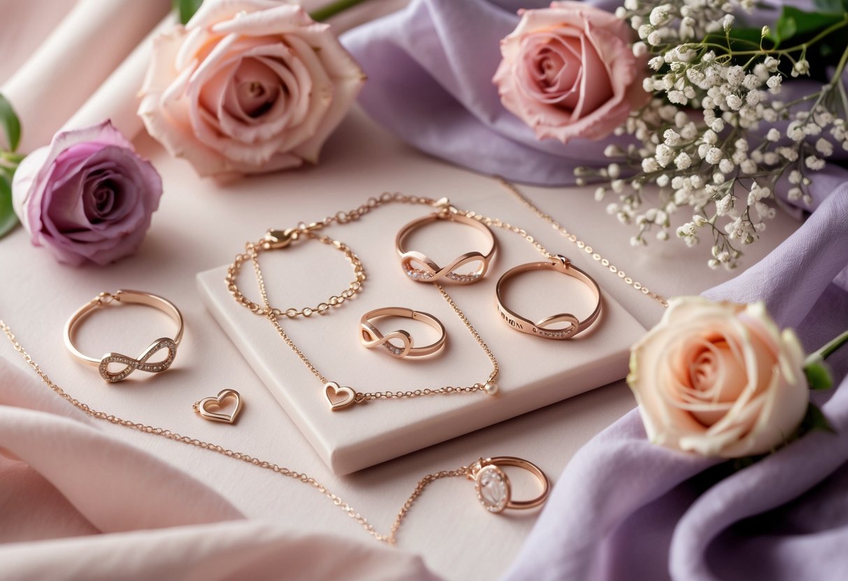 A display of delicate jewelry pieces with heart and infinity designs arranged on soft pastel fabrics with flowers, symbolizing love and appreciation for a bonus mom on Mother's Day.