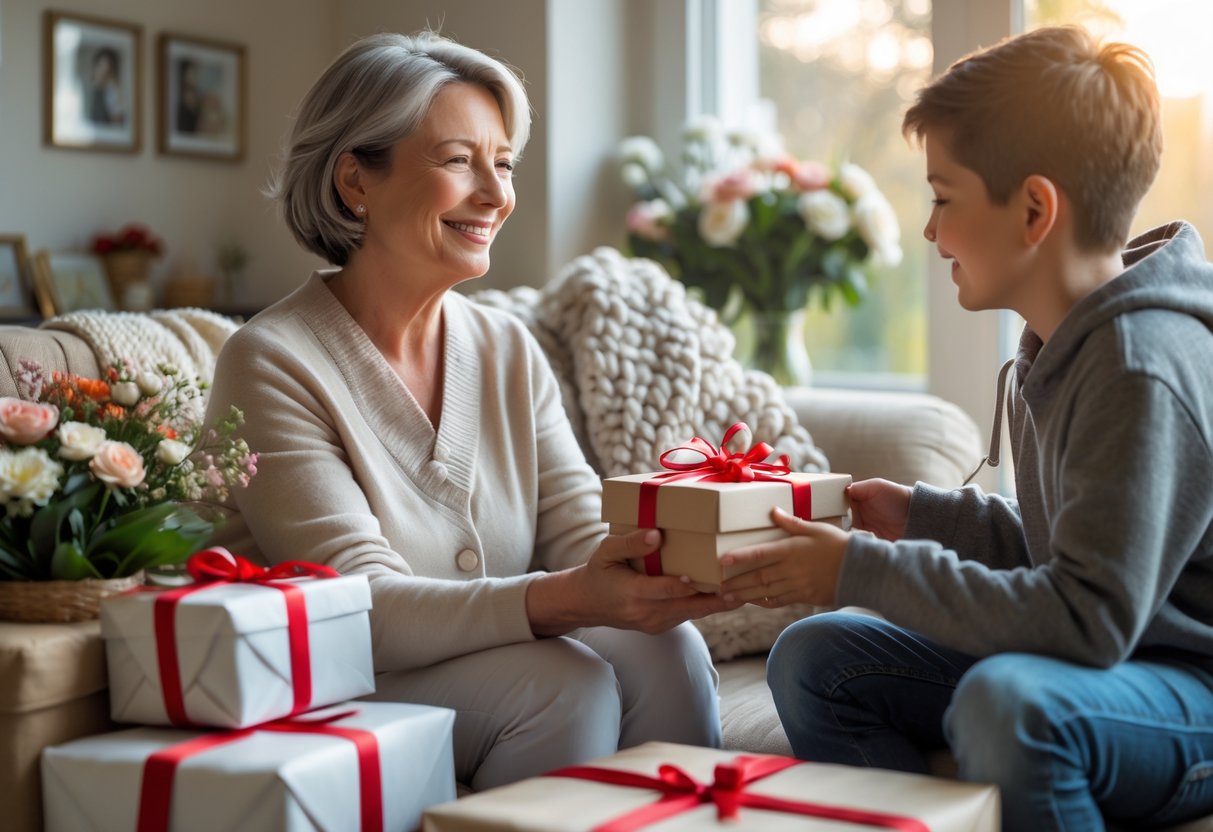 A smiling woman receives a wrapped gift from a young person in a cozy living room filled with flowers and family photos.