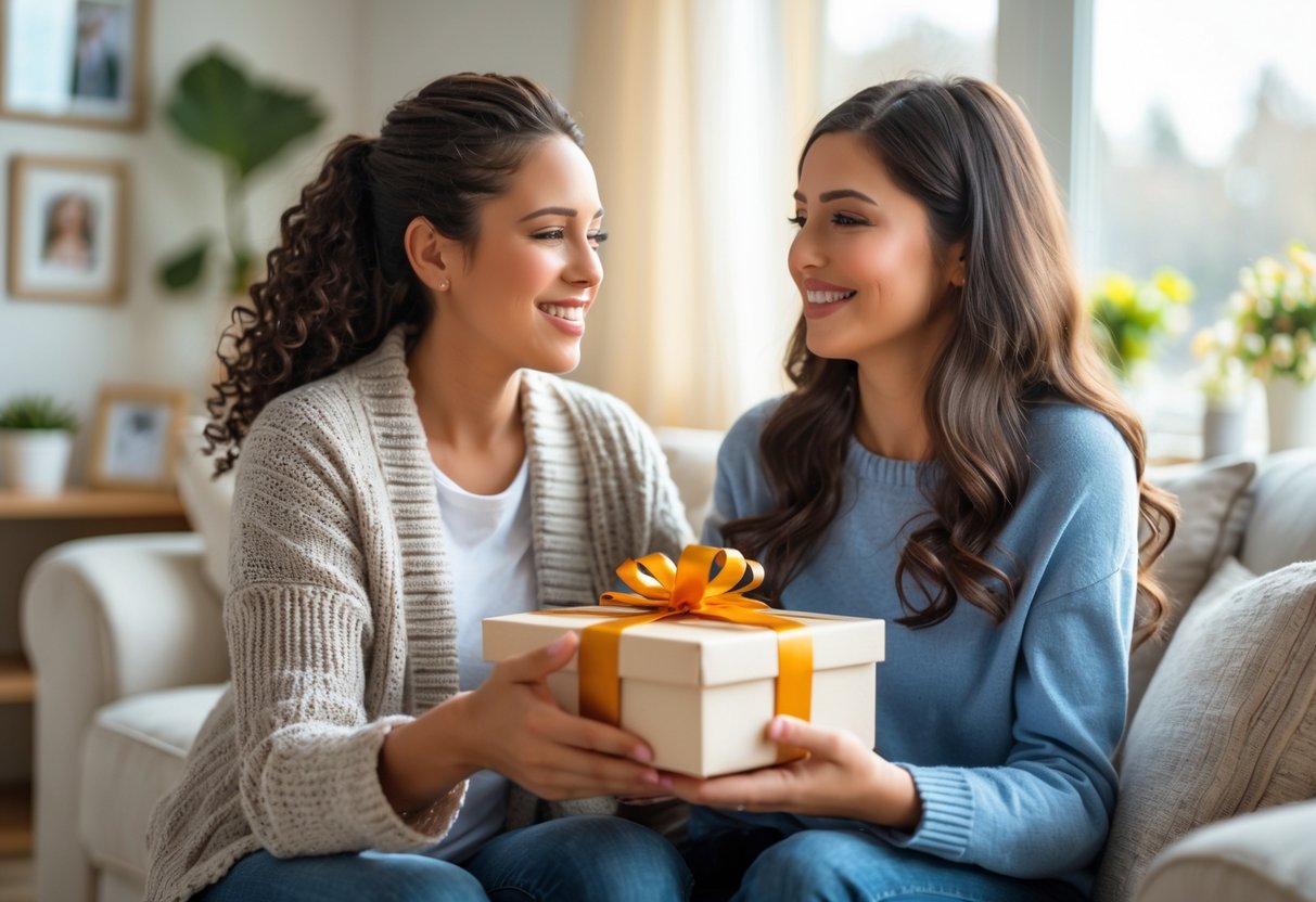 A stepchild giving a wrapped gift to their smiling stepmom in a cozy living room.