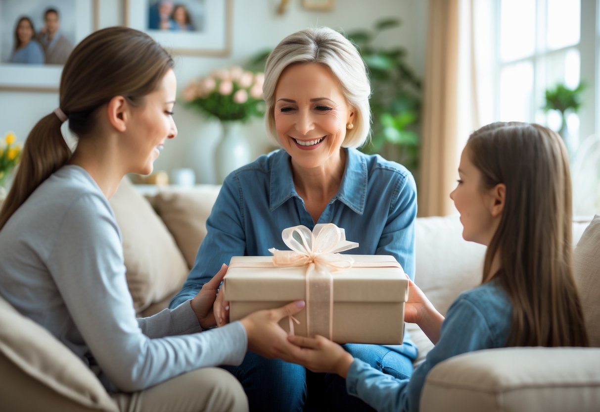 A stepmom smiling as she receives a wrapped gift from a younger family member in a cozy living room.