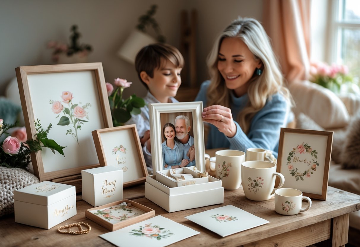 A woman receiving a heartfelt gift from a younger family member, with personalized keepsakes displayed on a wooden table nearby.