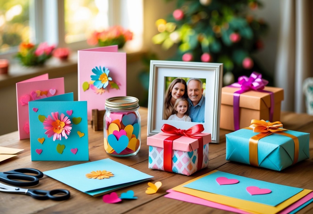 A table with handmade gifts and crafting supplies arranged in a warm, cozy home setting.