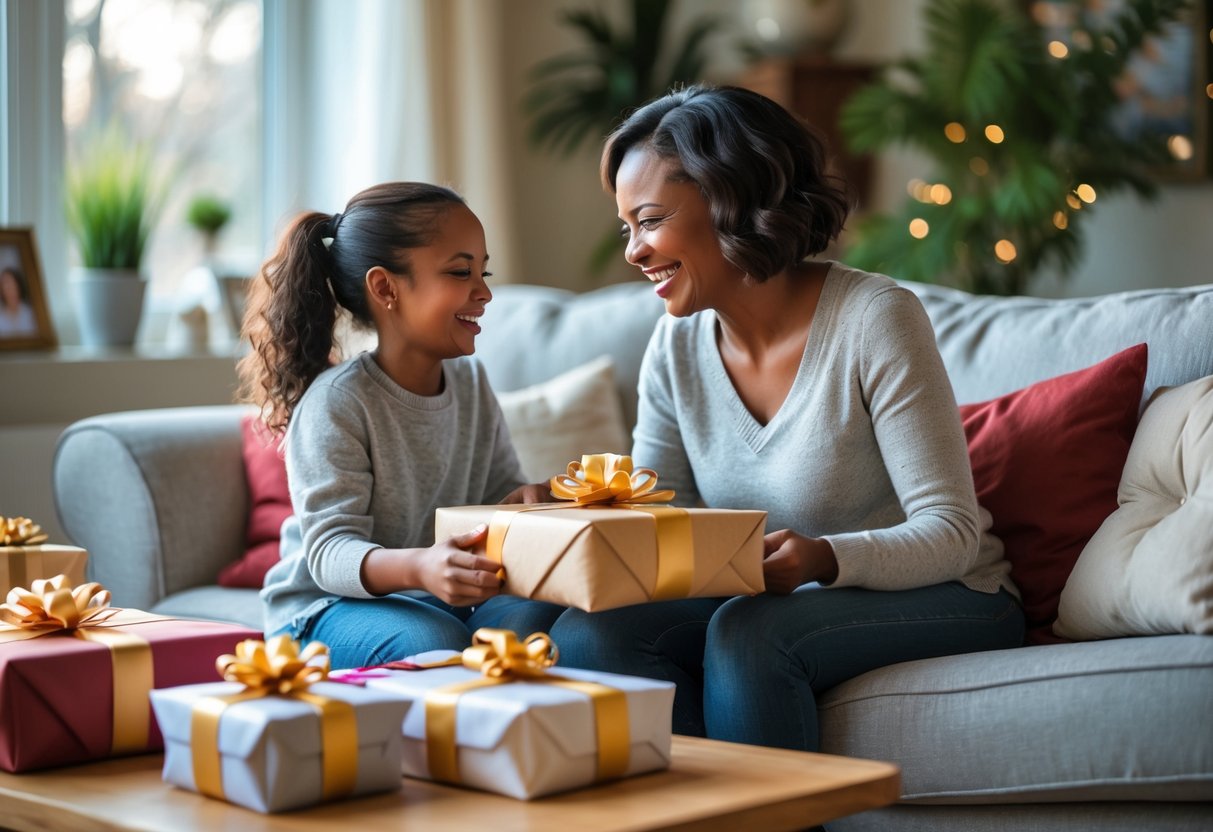 A stepmom and her stepchild sitting together on a sofa, exchanging gifts and sharing a happy moment in a cozy living room.