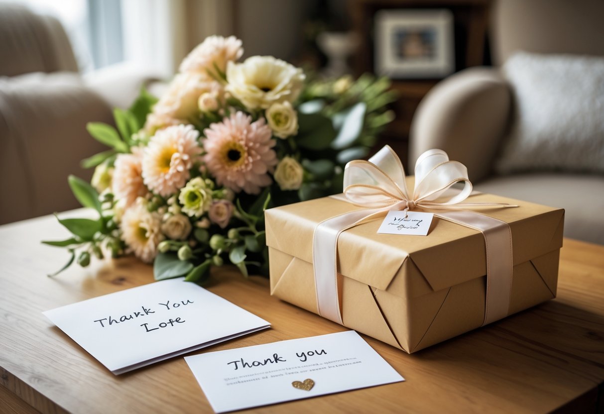 A wrapped gift box with a ribbon, a thank you card, and a bouquet of flowers on a wooden table in a cozy home setting.