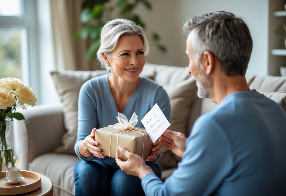 An adult child giving a wrapped gift and a card to a smiling stepmom in a cozy living room.