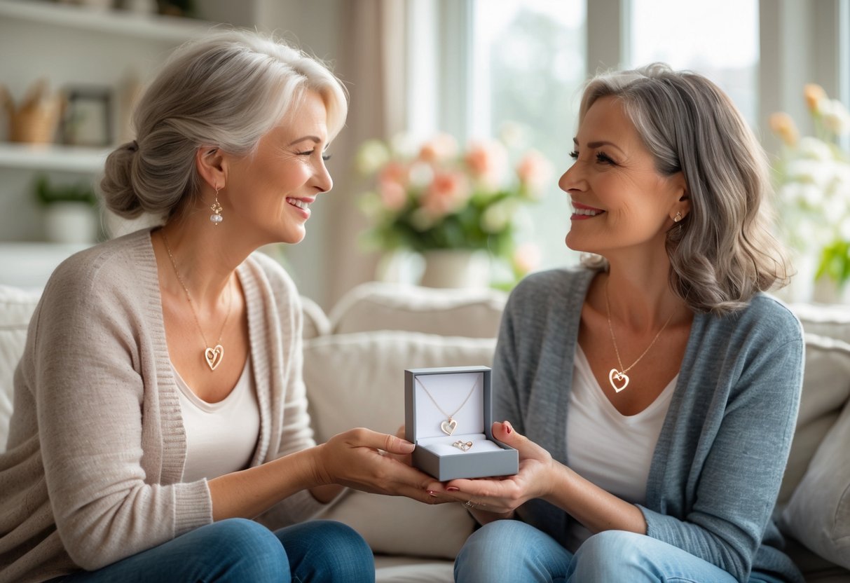 A woman giving a jewelry gift box with a heart-shaped necklace to her smiling stepmother in a cozy living room.
