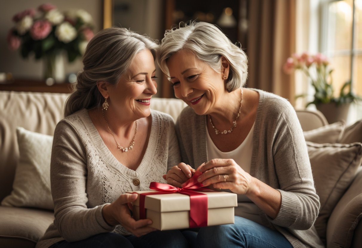 A woman giving a jewelry gift to her smiling stepmother in a cozy living room.