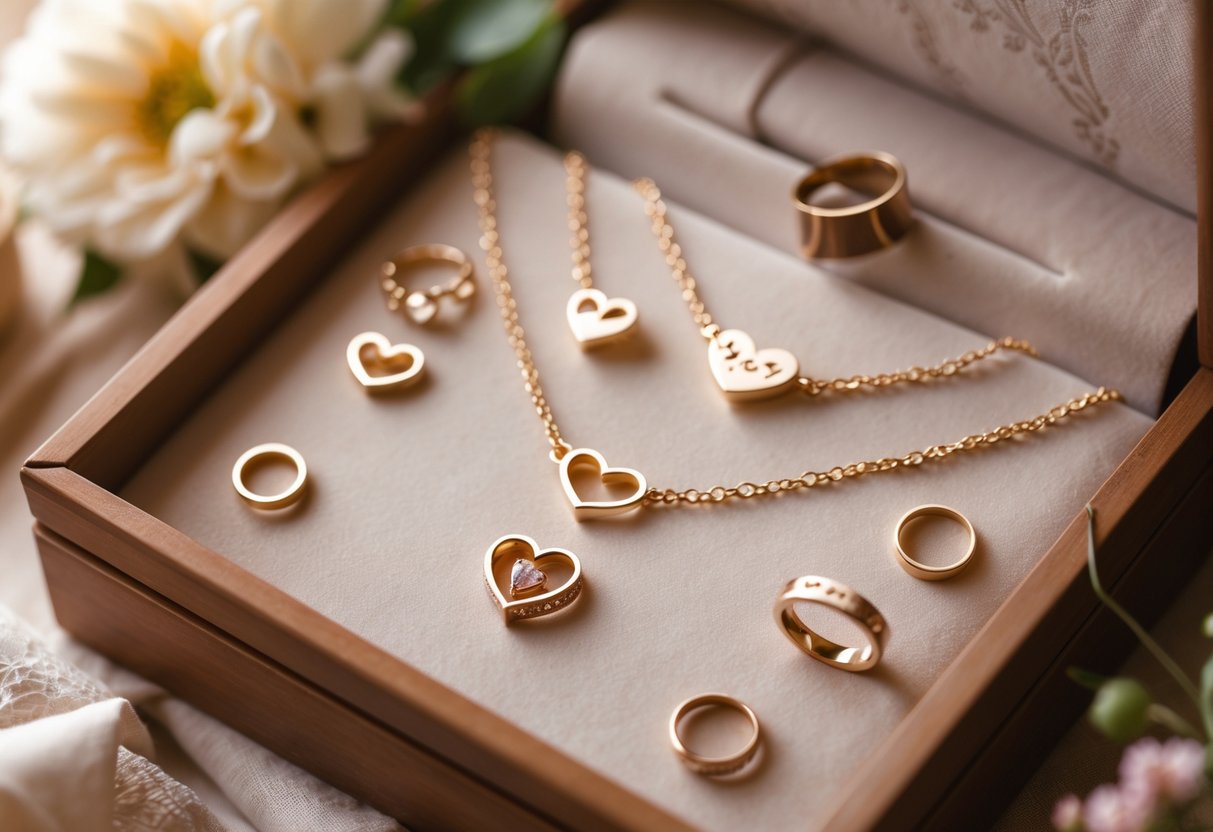 A collection of elegant jewelry pieces including necklaces, bracelets, and rings with heart and family-themed designs displayed on a wooden surface with flowers and gift wrapping materials.