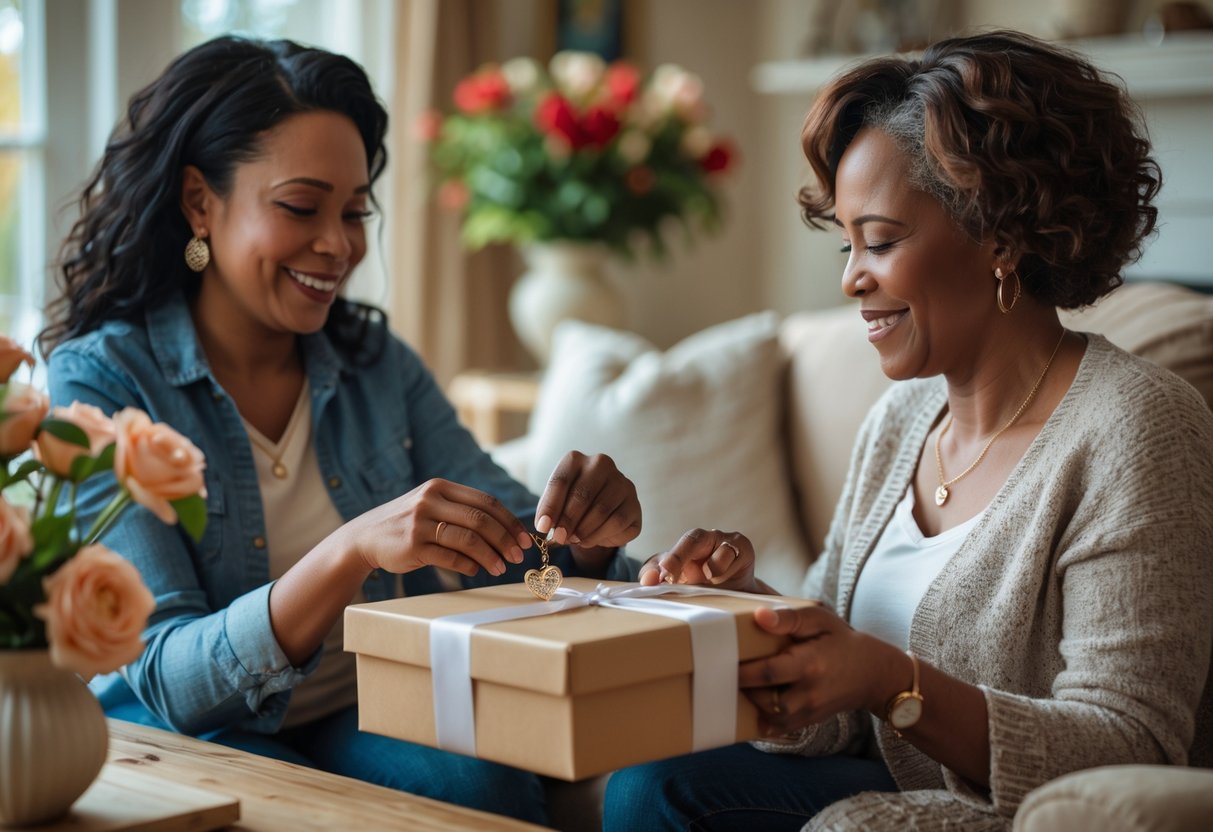 A woman giving a jewelry gift to another woman in a cozy living room, both smiling warmly at each other.