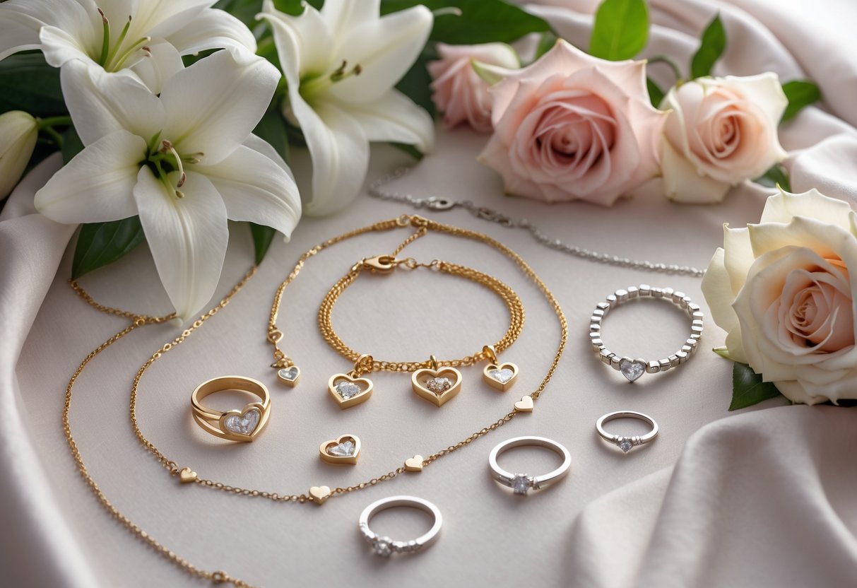 A close-up of elegant gold and silver jewelry with heart-shaped pendants arranged on soft fabric, surrounded by white lilies and pink roses.