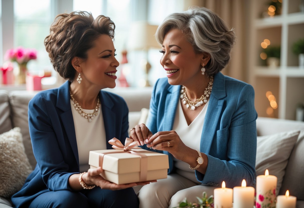 A stepchild giving a jewelry gift to a smiling stepmother in a cozy living room, sharing a warm and loving moment.