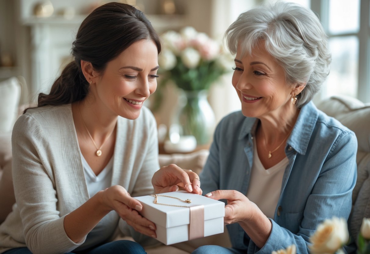 A young woman giving a jewelry gift to an older woman, both smiling warmly in a cozy living room.