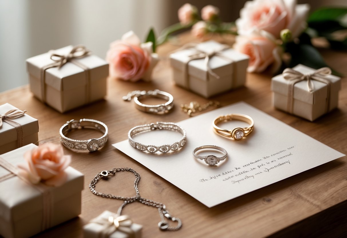 A close-up of handcrafted jewelry pieces arranged on a wooden table with flowers and gift boxes in a warm, inviting setting.