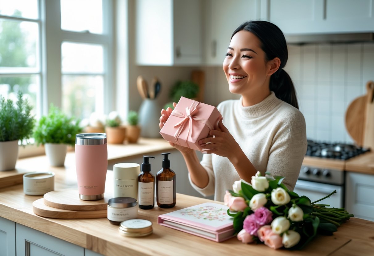A smiling mother in a kitchen holding a gift, surrounded by practical and beautiful Mother's Day presents on the counter.