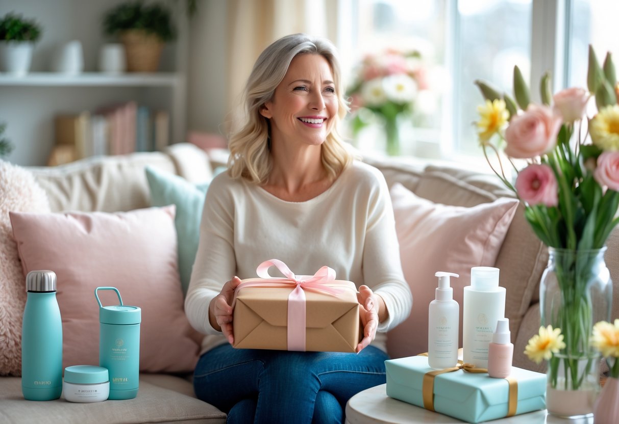 A mother sitting on a sofa smiling as she receives a wrapped gift, surrounded by practical gifts like a reusable water bottle, kitchen gadget, skincare products, and fresh flowers in a cozy living room.