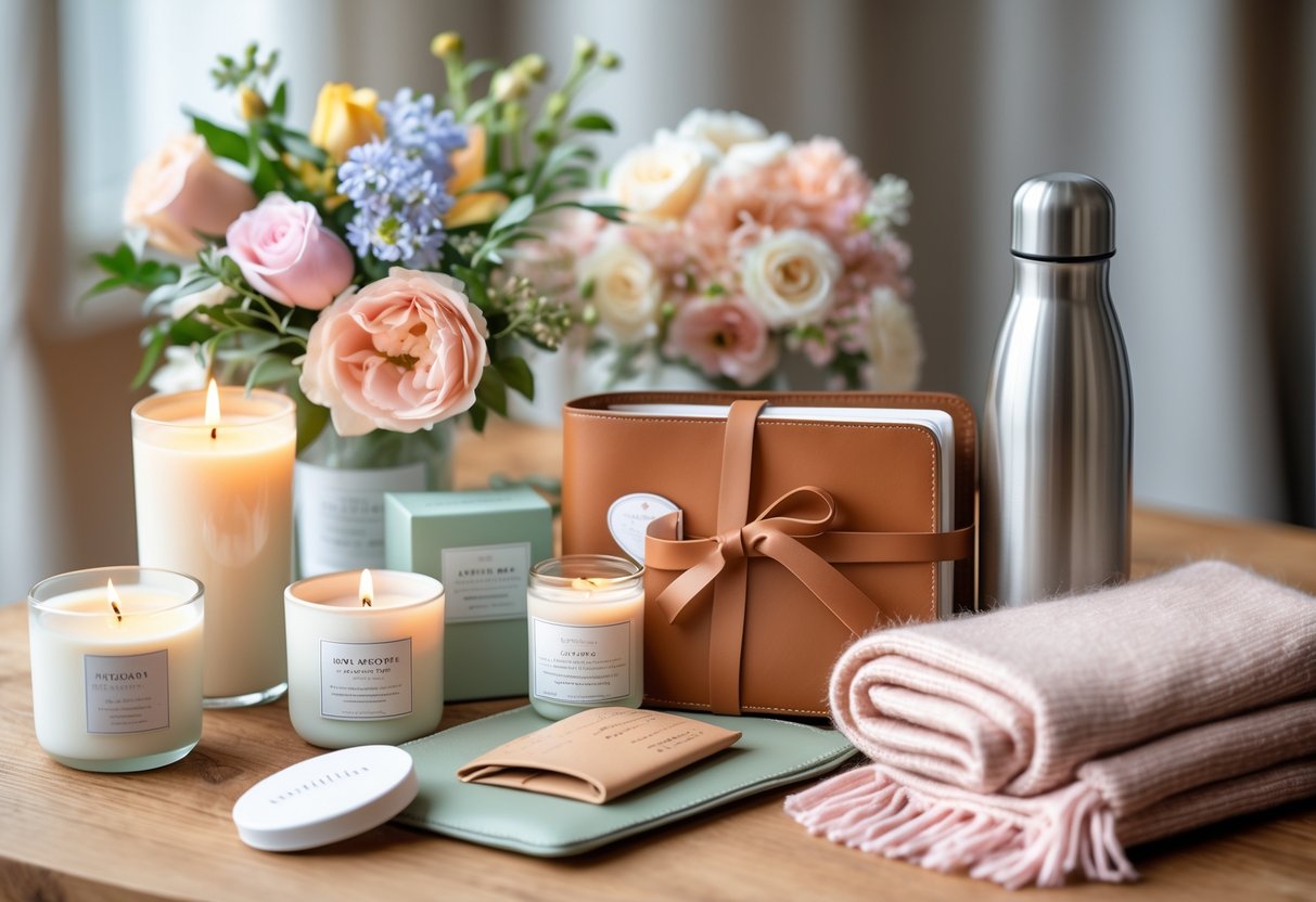 A collection of practical and beautiful Mother's Day gifts arranged on a wooden table, including candles, skincare products, a floral bouquet, a scarf, and a water bottle.