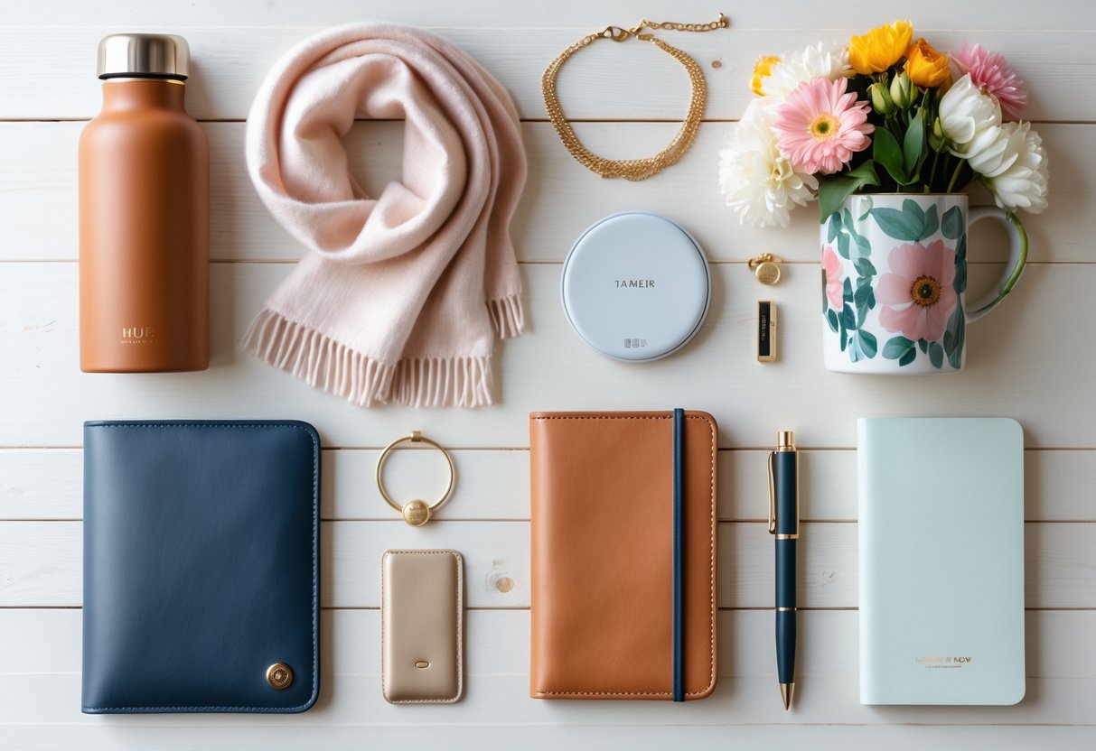 A neatly arranged collection of everyday essentials including a wallet, water bottle, scarf, flower-filled mug, wireless charger, notebook with pen, and gold necklace on a wooden surface.