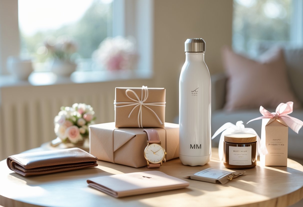 A collection of elegant and practical Mother's Day gifts arranged on a wooden table, including a watch, wallet, water bottle, candles, and a wrapped gift box.