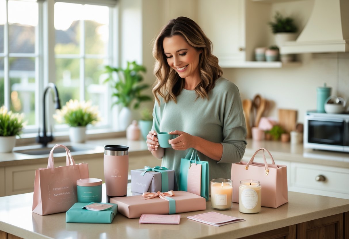 A busy mom in a kitchen thoughtfully selecting practical and beautiful Mother's Day gifts arranged on a kitchen island.
