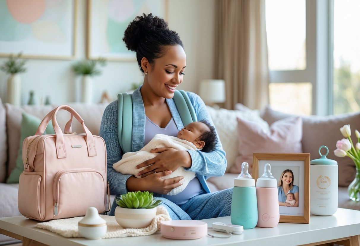 A new mother holding her baby in a cozy living room surrounded by practical and beautiful Mother's Day gifts.