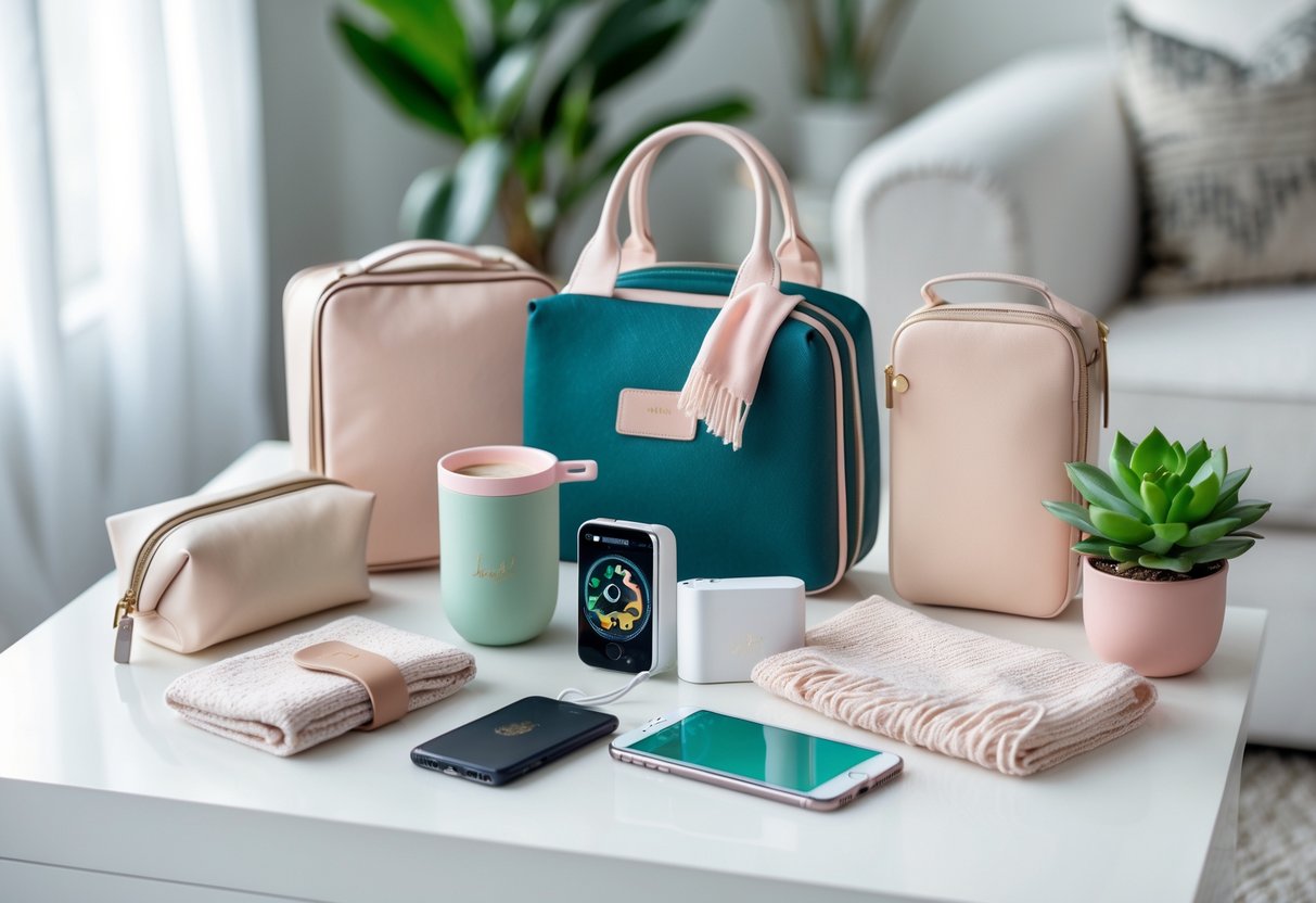 A collection of practical and beautiful travel items arranged on a white surface, including a travel mug, toiletry bag, scarf, phone charger, passport holder, and a small potted plant.