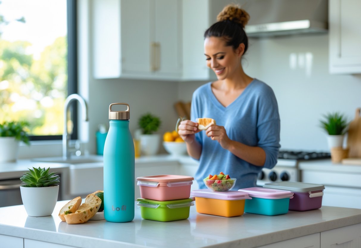 A woman preparing a healthy snack in a bright kitchen with practical gift items like a water bottle, planner, meal prep containers, and a small plant on the countertop.
