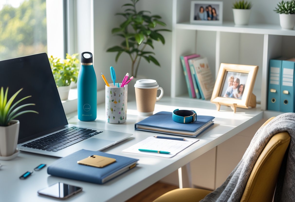 A tidy home office desk with a laptop, planner, coffee cup, practical gift items, and a cozy chair near a window with natural light.