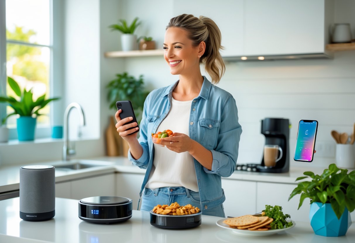 A mom in a modern kitchen using smart gadgets like a smart speaker, robotic vacuum, and tablet while preparing a snack.
