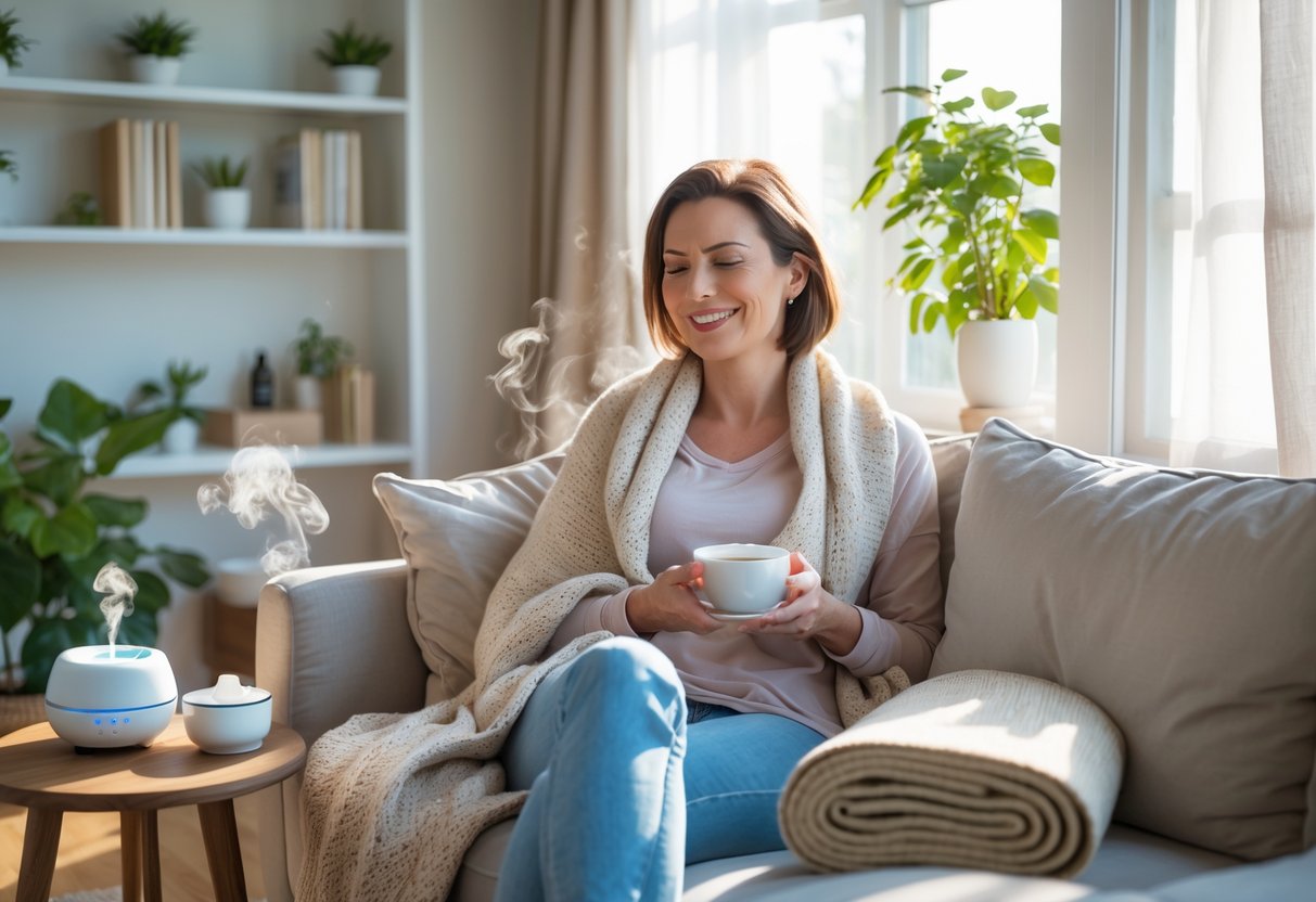 A mother sitting comfortably on a sofa surrounded by cozy and wellness items like a blanket, tea, diffuser, and plants in a bright living room.