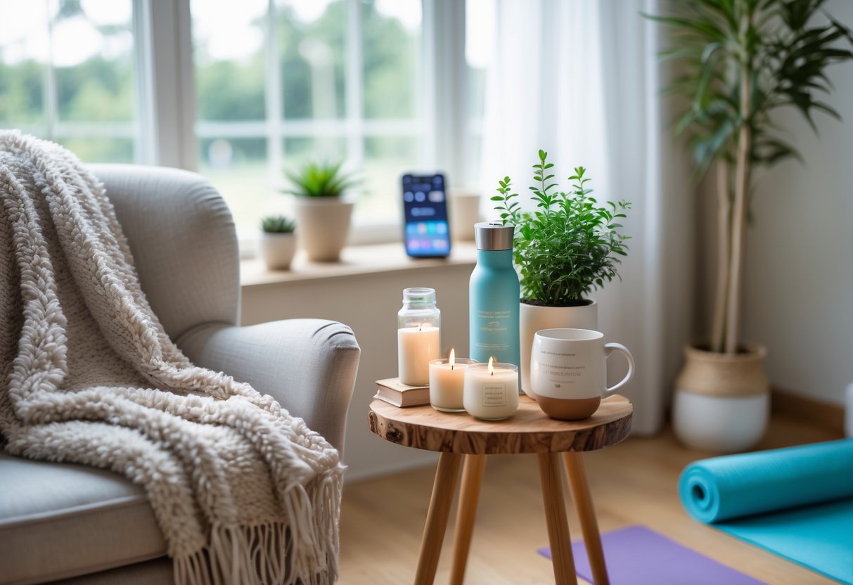 A cozy living room with a comfortable chair, soft lighting, and various self-care items like candles, a journal, herbal tea, a water bottle, a plant, and a yoga mat arranged thoughtfully.