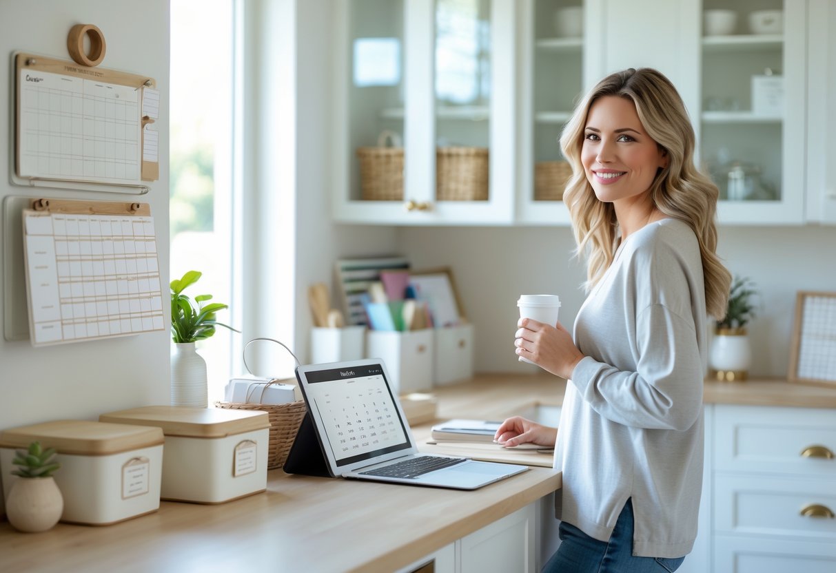 A tidy home workspace with organization tools and a woman holding a coffee cup in the background.