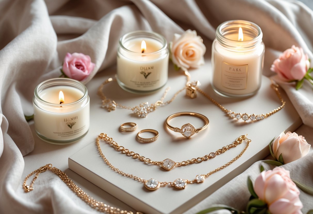 Flat lay of jewelry and scented candles arranged together with fresh flowers on a soft fabric background.